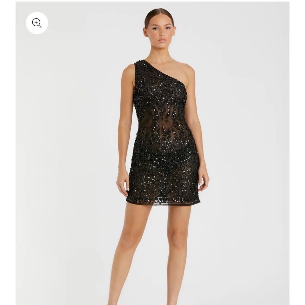 MAC DUGGAL Black One Shoulder Sheer Hand Beaded Mini Dress size 6 NWT